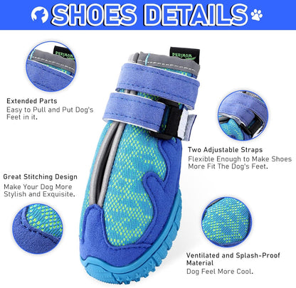 Dog Shoes for Large Medium Small Dogs - Dog Boots for Winter Snow Hot Pavement with Anti-Slip Sole, Sports Breathable Dog Booties Paw Protectors for Hiking Walking, Blue, 4PCS