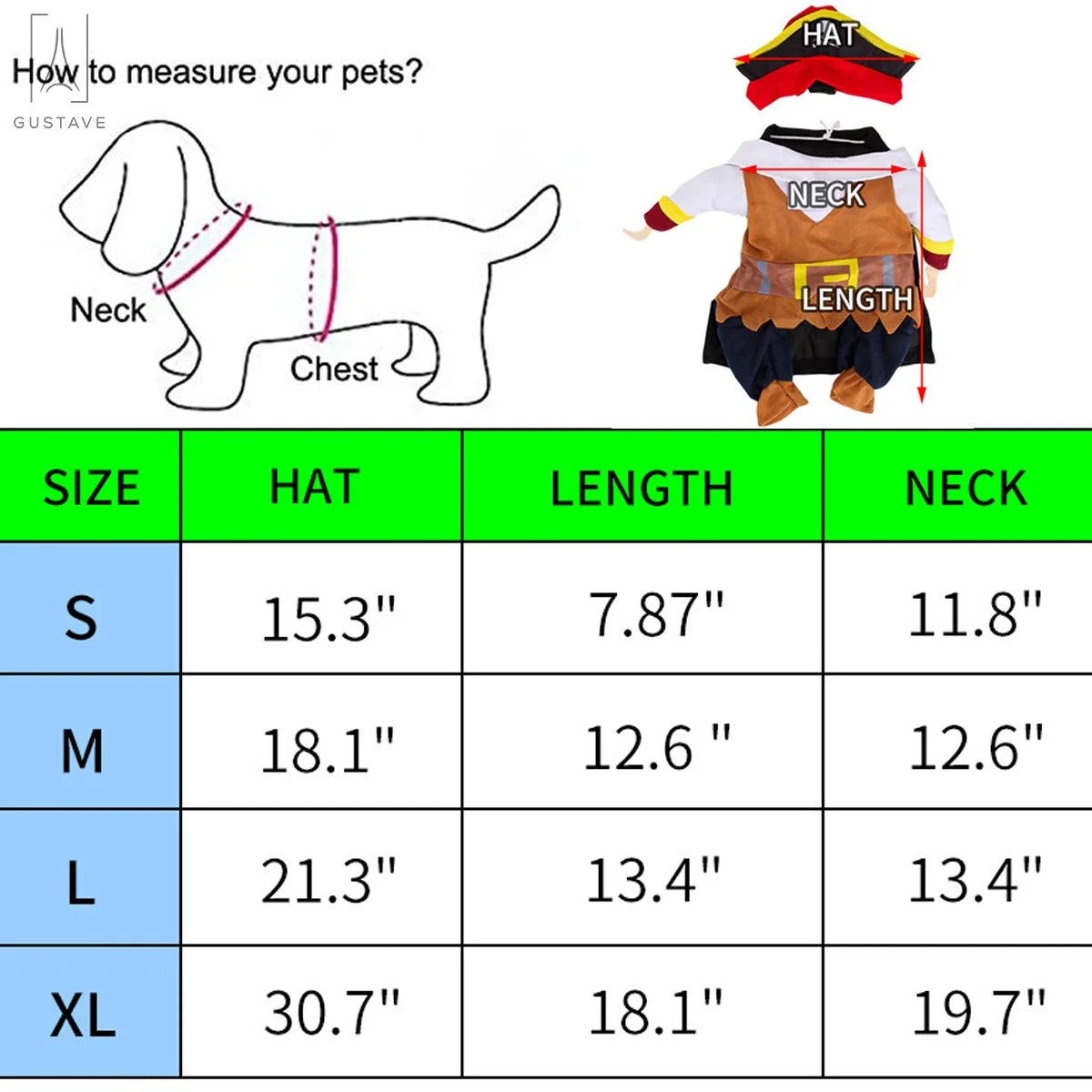 Halloween Dog Cat Costume Suit, Caribbean Pirate Pet Clothes for Small Dogs & Cats Dressing up Party Apparel Clothing "Caribbean Pirate, L"
